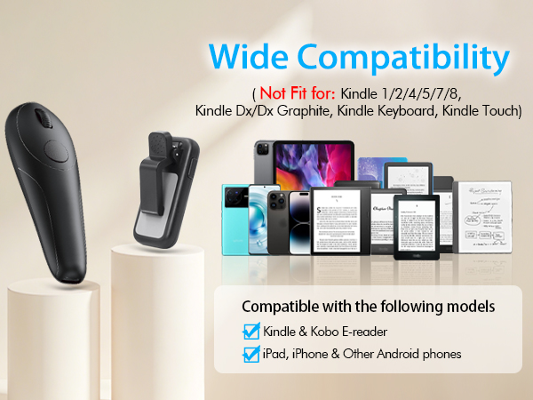 Text reads: 'Wide Compatibility' '( Not Fit for: Kindle 1/2/4/5/7/8, Kindle DX/DX Graphite, Kindle Keyboard, Kindle Touch)' 'Compatible with the following models: Kindle &amp; Kobo E-reader, iPad, iPhone &amp; Other Android phones'. Shows e-reader stylus and device compatibility chart.