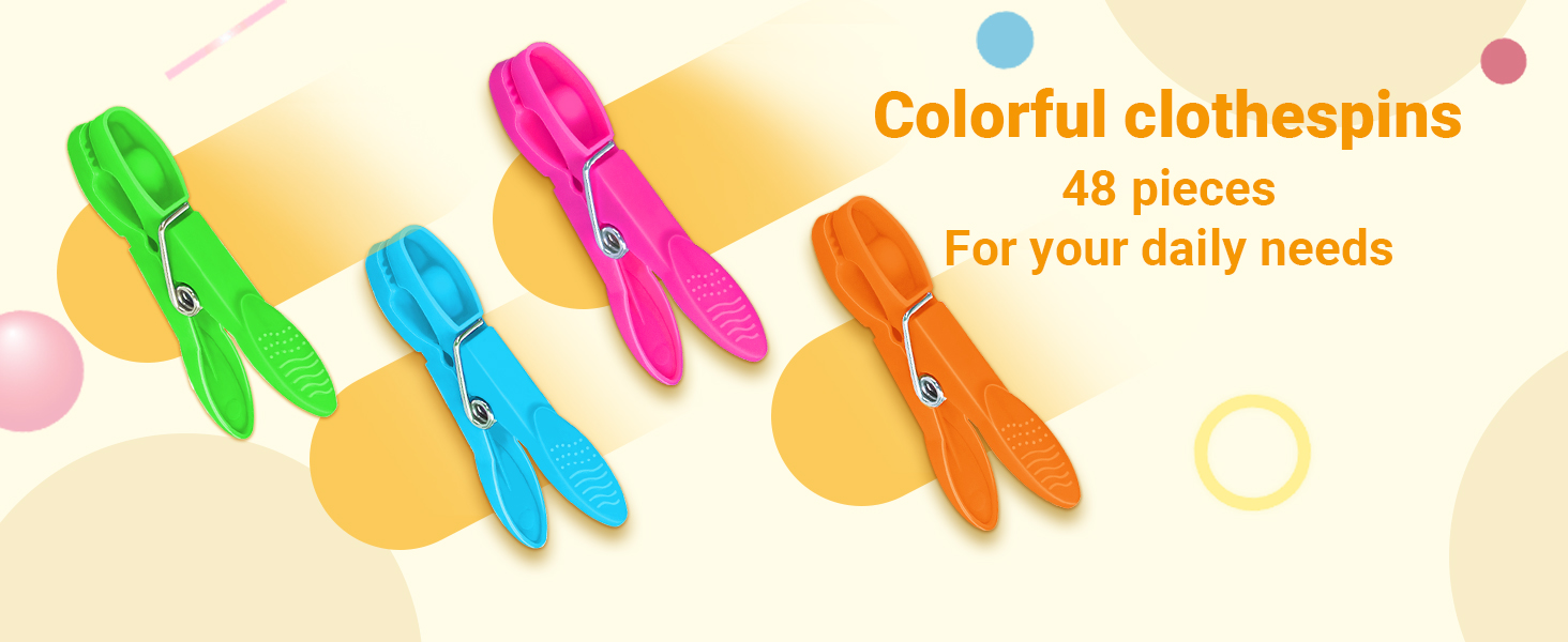 Text reads 'Colorful clothespins' and 'For your daily needs'. Vibrant rainbow-colored illustration featuring multiple clothespin designs against warm background with circular elements.