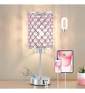 Crystal Table Lamp, Pink Touch Lamp with USB C+A Ports, 3 Way Dimmable with Crystal Shade, Small ...
