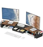 OPNICE Wood Desk Organizers and Accessories, Dual Monitor Stand Riser with Drawer and 2 Pen Holde...