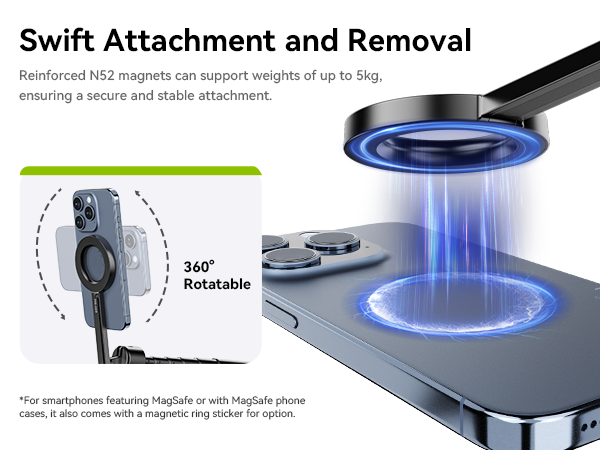 ULANZI 54'' Magnetic Selfie Stick Tripod Pro, All-in-One Phone Tripod w Magnetic Phone Holder