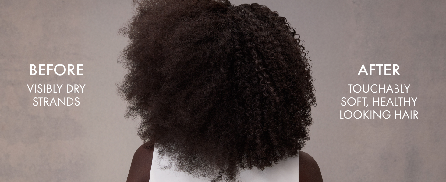 Woman shown from behind with her dark curly hair split to compare before and after shampoo results.