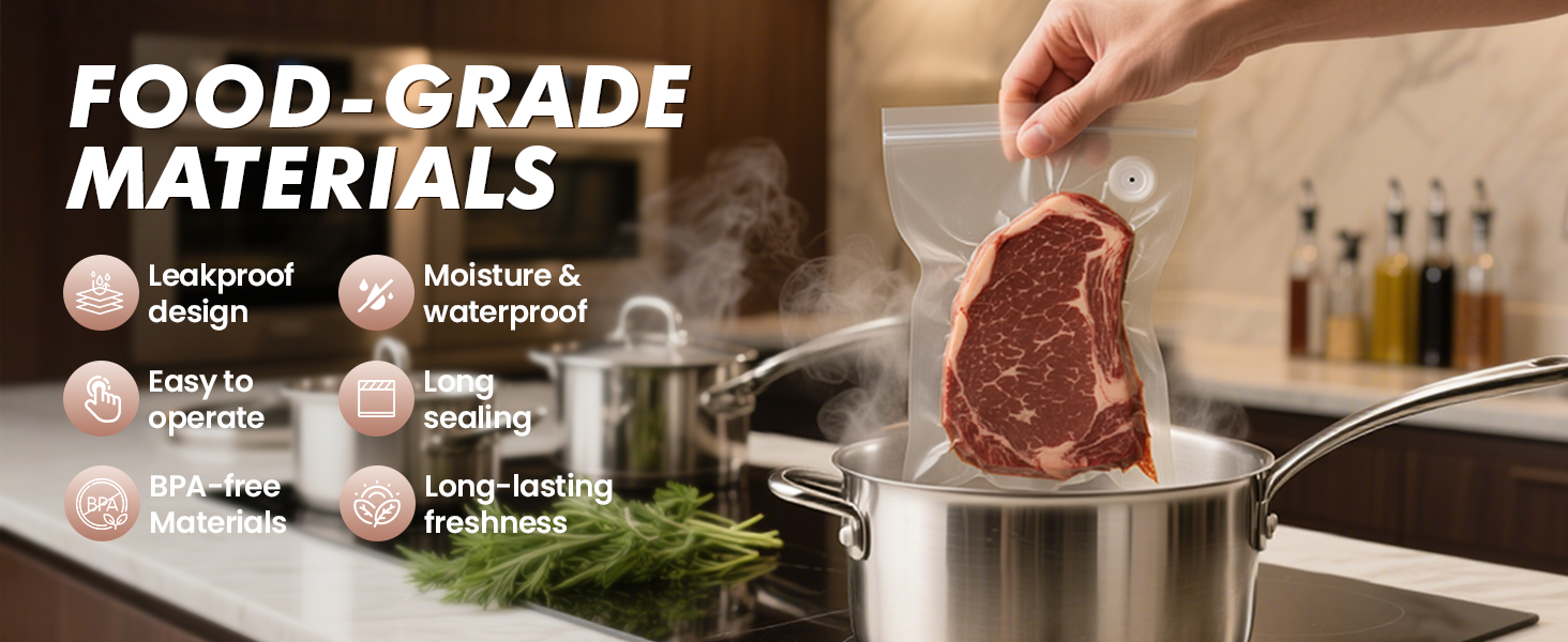 Hand holding vacuum sealed steak over boiling pot, showing BPA-free leakproof food-grade features.