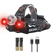 BORUIT RJ-3000 LED Rechargeable Headlamp with Red Light Super Bright 5000 Lumens Hunting Head Lam...