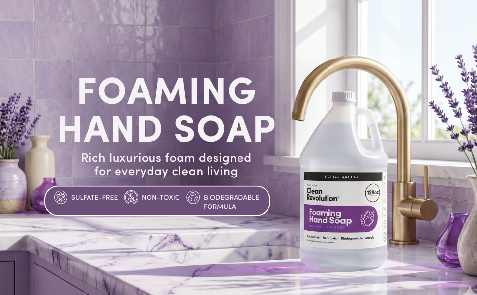 Foaming hand soap refill gallon near a kitchen sink