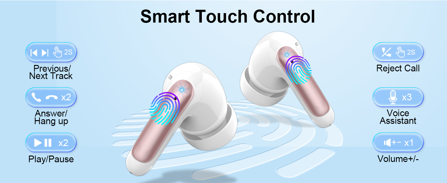 Wireless earbuds with touch control features, showing rose gold and white design with illuminated blue touch surfaces. Interface displays audio control functions.