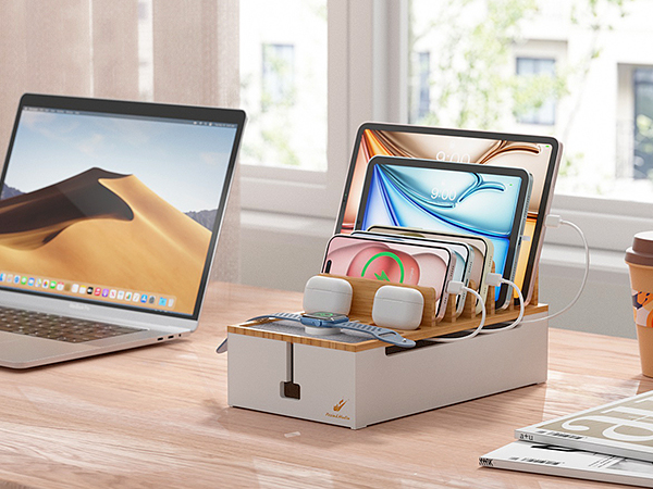 Pezin & Hulin Bamboo Charging Station Organizer for Multiple Devices Desktop Docking Charging Stand