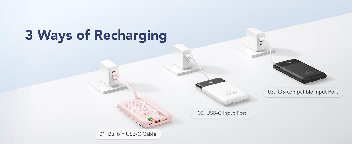 3 Ways of Recharging. 1. Built-in USB-C Cable. 2. USB-C Input Port. 3. Lightning Input Port