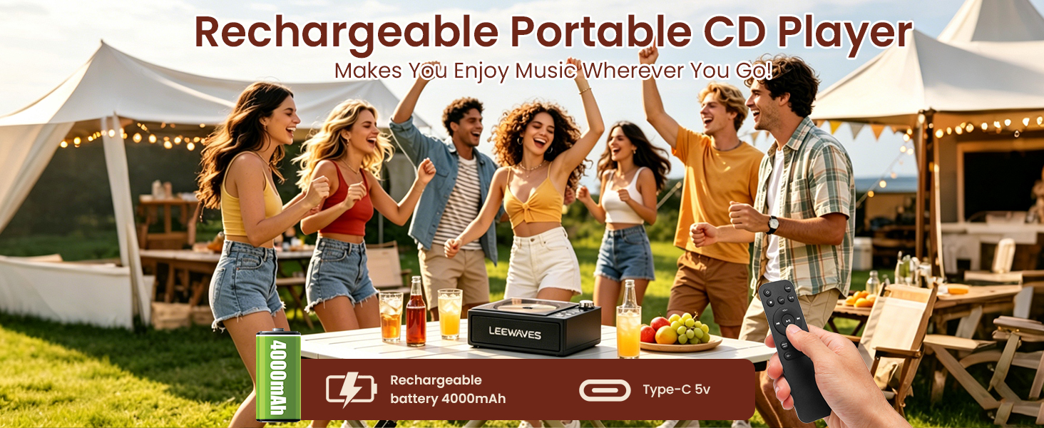 4000mAh battery: hours of music. Great for road trips, camping, or backyard.