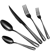 Black Silverware Set, 40-Piece Stainless Steel Flatware Set for 8, Modern Hammered Kitchen Utensi...