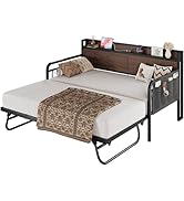 LIKIMIO Twin Daybed, Day Beds with Pop Up Trundle, Storage Headboard with Charging Station, Stron...