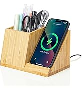OhM-ega Bamboo Pen Holder, Pen Organizer for Desk with Wireless Charger, Home Office Organizers f...