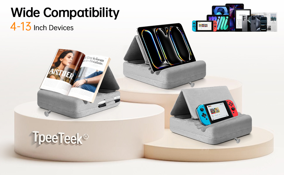 Tablet Pillow Stand with Storage, Foldable iPad Holder for Lep, Bed, Sofa, and Desk