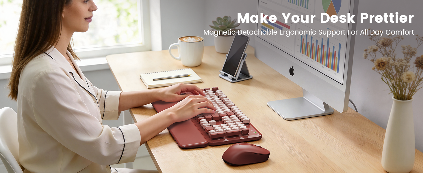 Woman typing on wine red wireless keyboard mouse combo with wrist rest on tidy desk