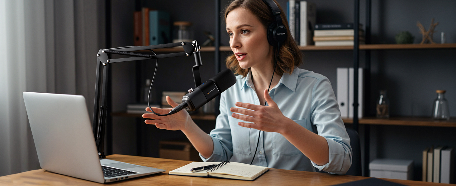 Podcast recording setup with adjustable microphone arm, laptop, and woman gesturing while speaking. Home office environment with bookshelves in background.