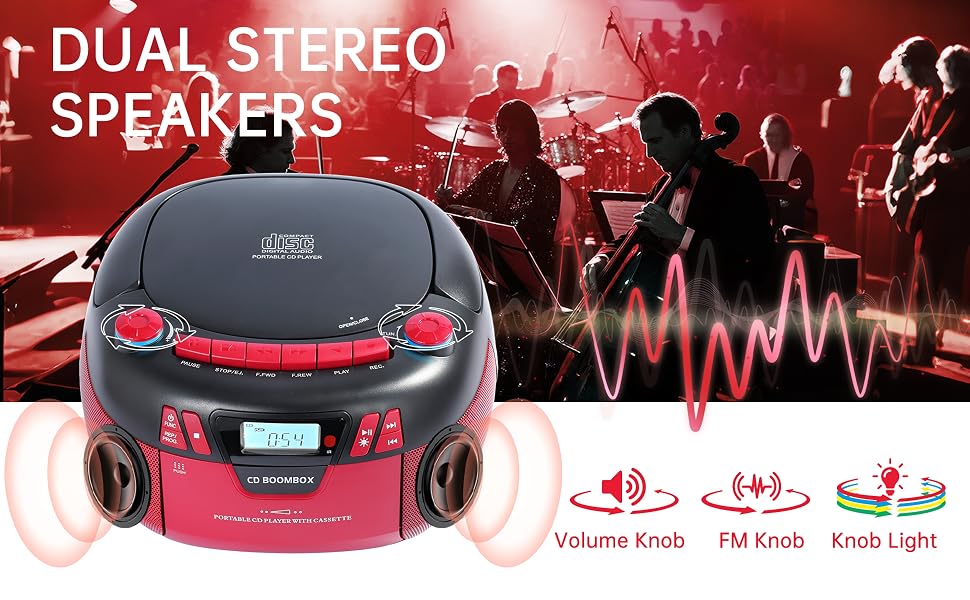 dual stereo speakers, boombox, FM radio, great sound quality, portable radio.