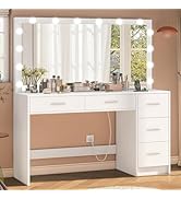 FIONESO 47.2" Large Vanity Desk with Mirror &amp; 14 LED Lights, Makeup Vanity Table with 5 Drawers &amp;...