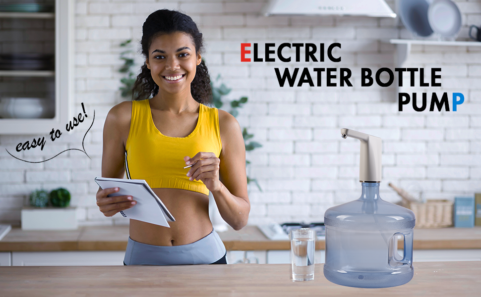 A smiling girl near the kitchen counter next to a 3 gallon water bottle with a pump on the top