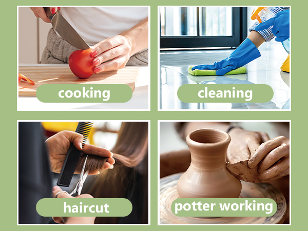 Different activities such as cooking, cleaning, and BBQ