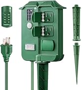 Outdoor Light Timer Waterproof, Dusk to Dawn Power Stake Timer Remote Control, 6 Grounded Electri...