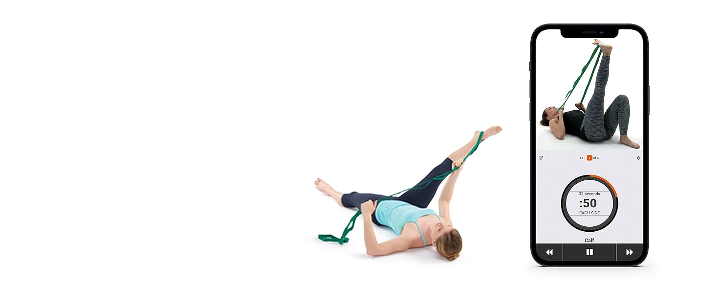 woman stretching inner thigh and hamstring with stretch out strap and closeup of app on phone