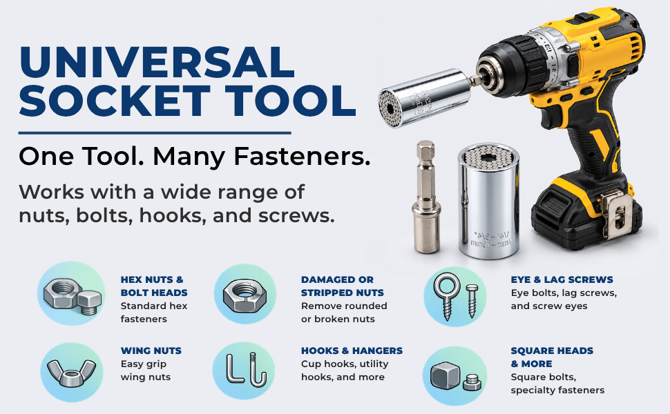 Universal Socket Wrench with Power Drill Adapter
