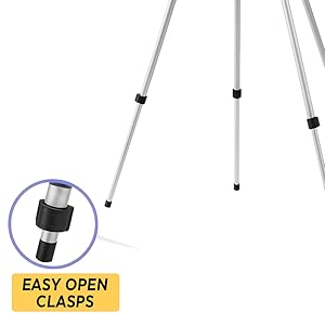 Adjustable tripod legs with easy open clasps for quick height extension and stability