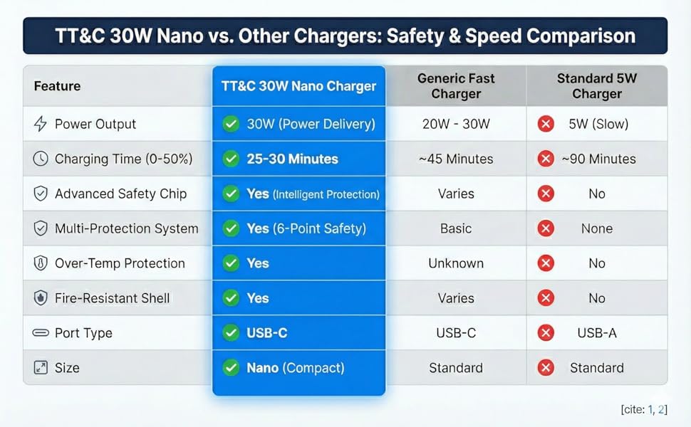30W Nano Charger Comparison Chart Safety Speed Fire Resistant Fast Charging USB-C Compact