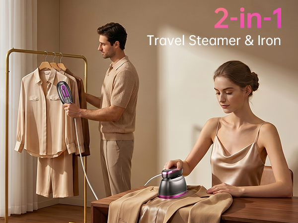 This 2-in-1 travel steam iron combines the functions of both a steam iron and a traditional iron.