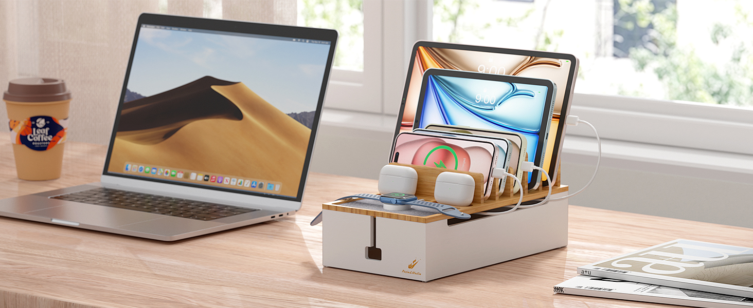 Pezin & Hulin Bamboo Charging Station Organizer for Multiple Devices Desktop Docking Charging Stand
