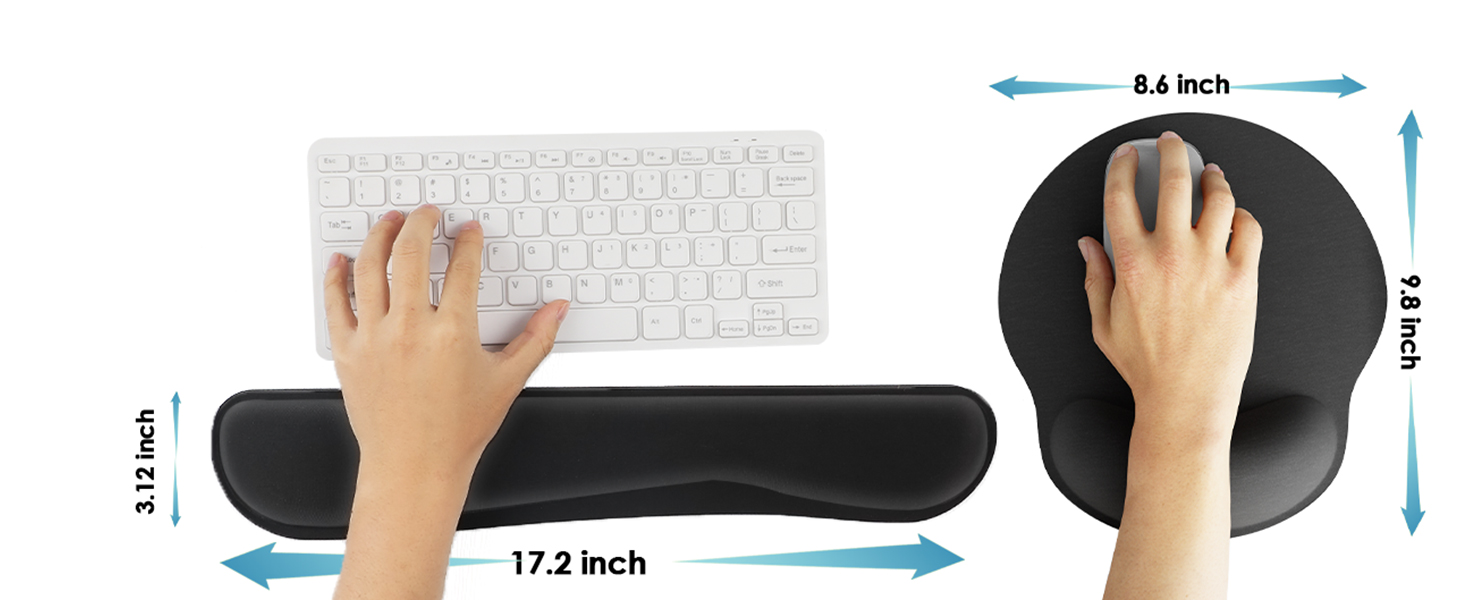 17.2 x 3.12 x 0.9 inches keyboard wrist rest pad and 9.8 x 8.6 inches ergonomic mouse pad.