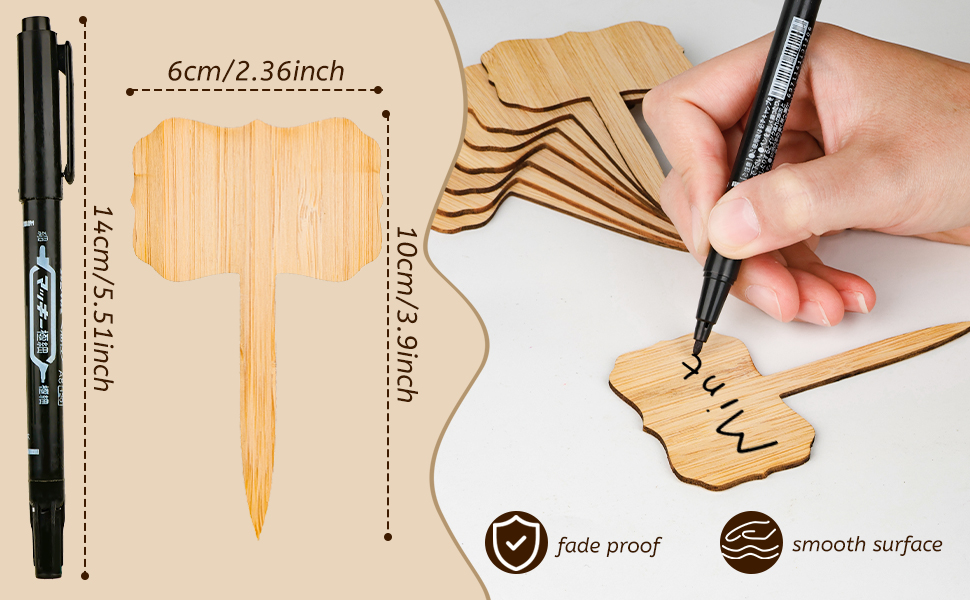 Hand writing on bamboo plant marker with pen, showing size dimensions and smooth, fade-proof surface