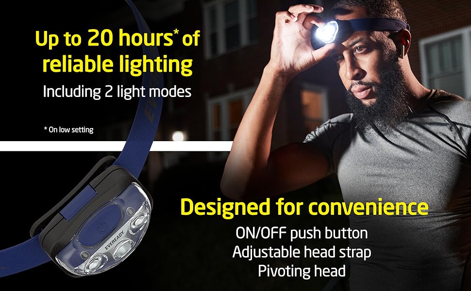 Up to 20 hours of reliable lighting with 2 light modes. Easy on/off push button and adjustable strap