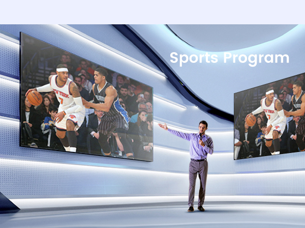Large display screens showing basketball game footage. Man in purple shirt stands in foreground. Text overlay reads 'Sports Program'.