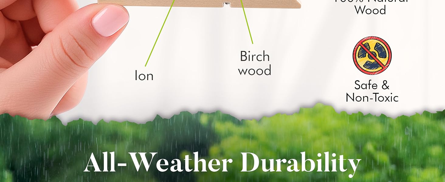 Text reads 'All-Weather Durability'. Marketing image showing different types of wood samples or materials in a row, with hand demonstrating or touching the surface.