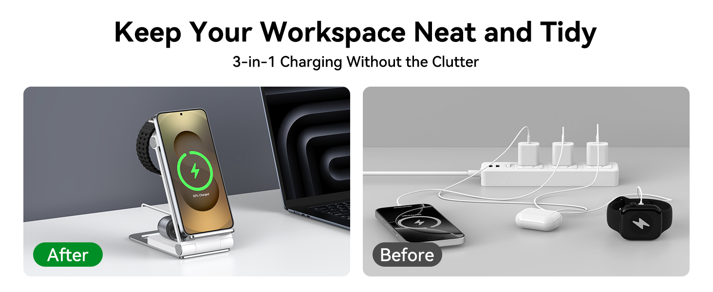 Text reads 'Keep Your Workspace Neat and Tidy'. Series of desk organization and cable management products shown in a clean, minimal style.
