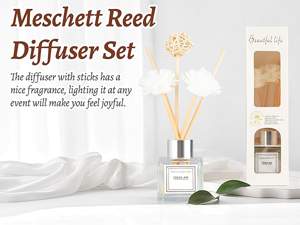 Text reads 'Meschett Reed Diffuser Set'. Product image showing reed diffuser bottles and accessories arranged with decorative elements.
