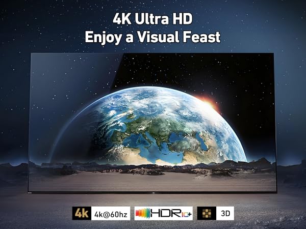 4K Ultra HD television display showing Earth rising in space, with technical specifications and HDR logos visible.