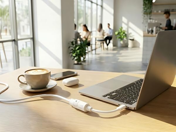 Workspace scene showing laptop, coffee cup, notebook, and pen on wooden desk near sunlit window with plants in background.
