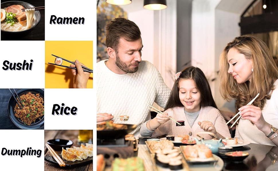 Composite image showing Asian cuisine types and a family eating. Left side displays labeled food images: ramen, sushi, rice, and dumplings. Right side shows family enjoying a meal together.
