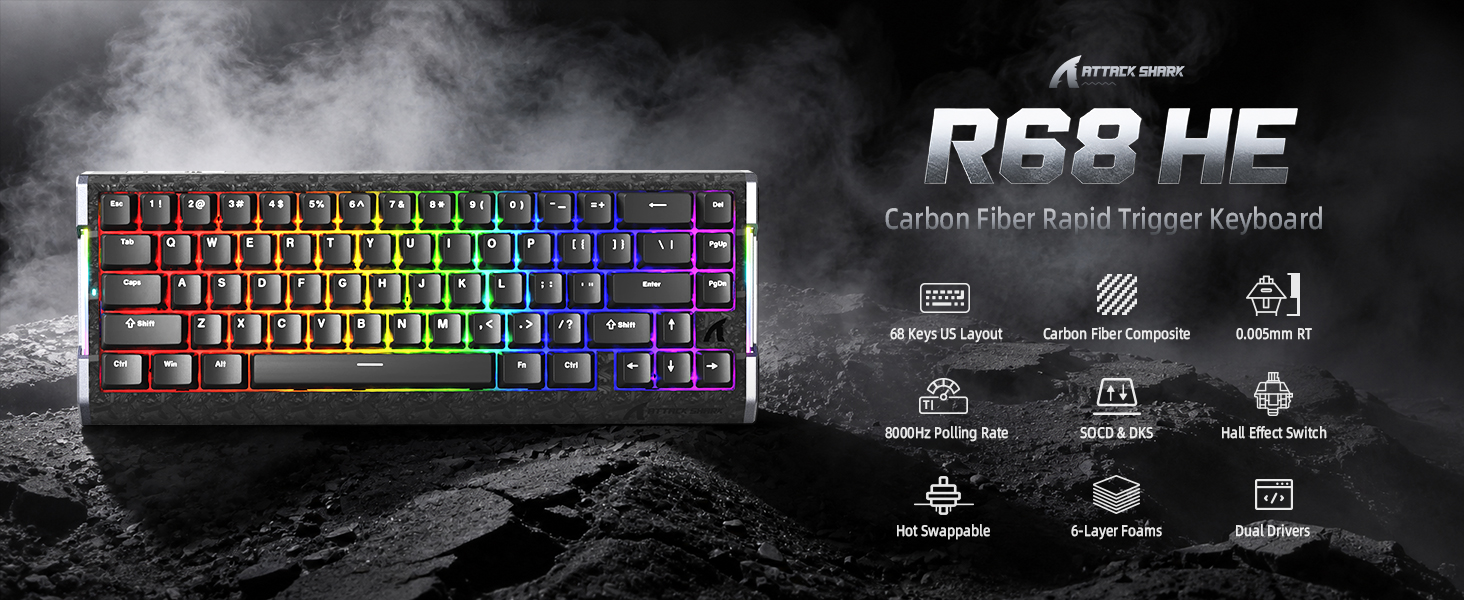 ATTACK SHARK R68 HE 60% Wired Rapid Trigger 8K Mechanical RGB Gaming Keyboard with 0.005mm Accuracy