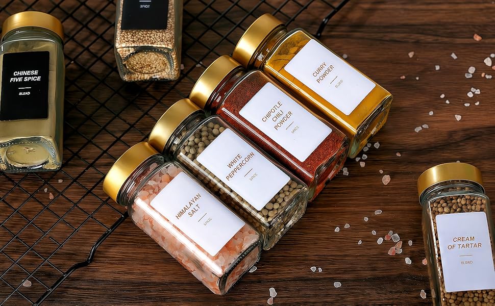 Gold spice jars with label