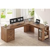 SEDETA 67" Farmhouse L Shaped Desk with 3 Drawers, Executive Home Office Desks with Storage Shelv...