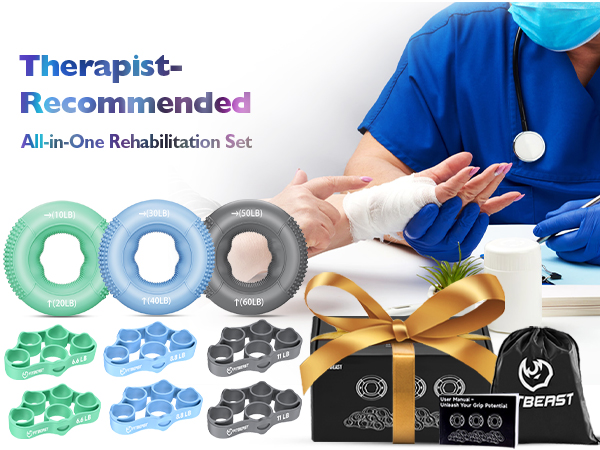 Text reads 'Therapist-Recommended' and 'All-in-One Rehabilitation Set'. Collection of colored therapeutic tools and devices arranged to showcase rehabilitation equipment.