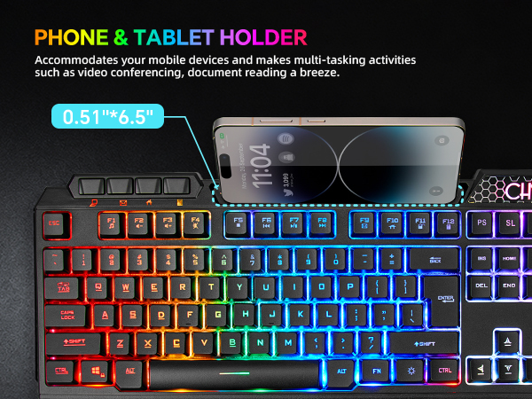 RGB Gaming Keyboard and Mouse Combo with Ergonomic Wrist Rest &amp; Phone Holder for PC Gamer Xbox PS4/5