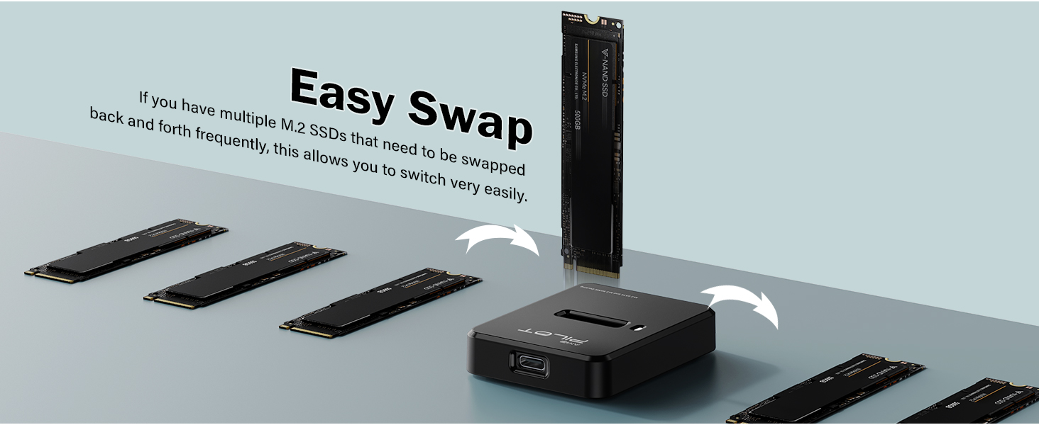 Tool-free SSD docking station for easy disk swapping and plug and play data access without tools.