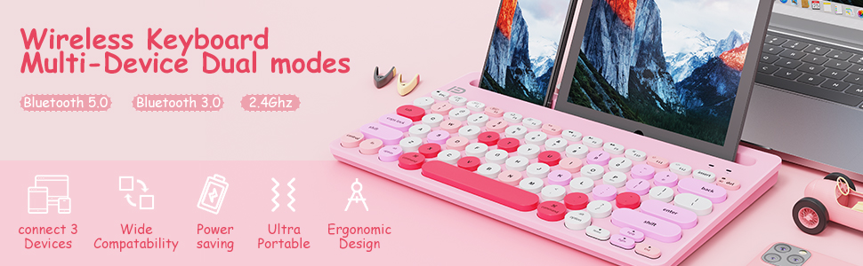 wireless keyboard multi device dual modes pink