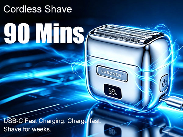 Text reads 'Cordless Shave' and '90 Mins' with 'USB-C Fast Charging Charge once Shave for weeks.' Chrome-blue electric shaver displayed against electric blue background with lightning effects.