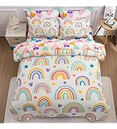 Btargot 5 Piece Beige Rainbow Comforter Set for Girls Boys Kids, Twin Size Cartoon Love Hearts Fl...