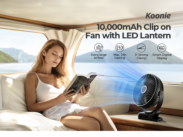 Koonie 10,000mAh clip-on fan with LED lantern. Features include 3-speed control, long-lasting battery, sturdy clamp, and LED display. Shown in use inside a vehicle.